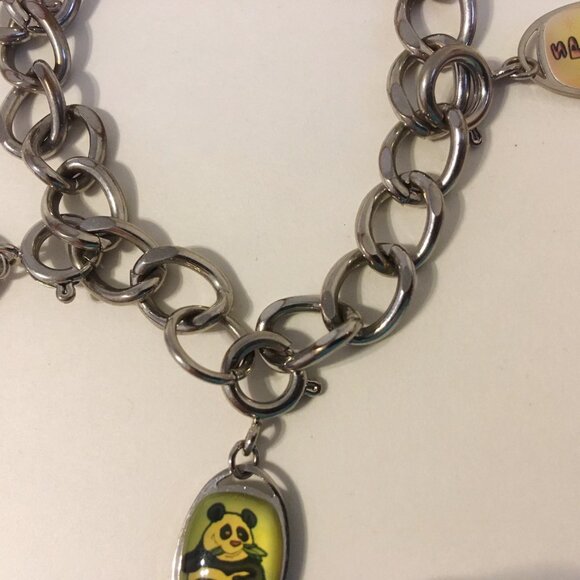 6 Charms Bracelet Silvertone Metal Link Chain Spoiled Bear Cat Moon I Luv U Bead - Picture 8 of 8